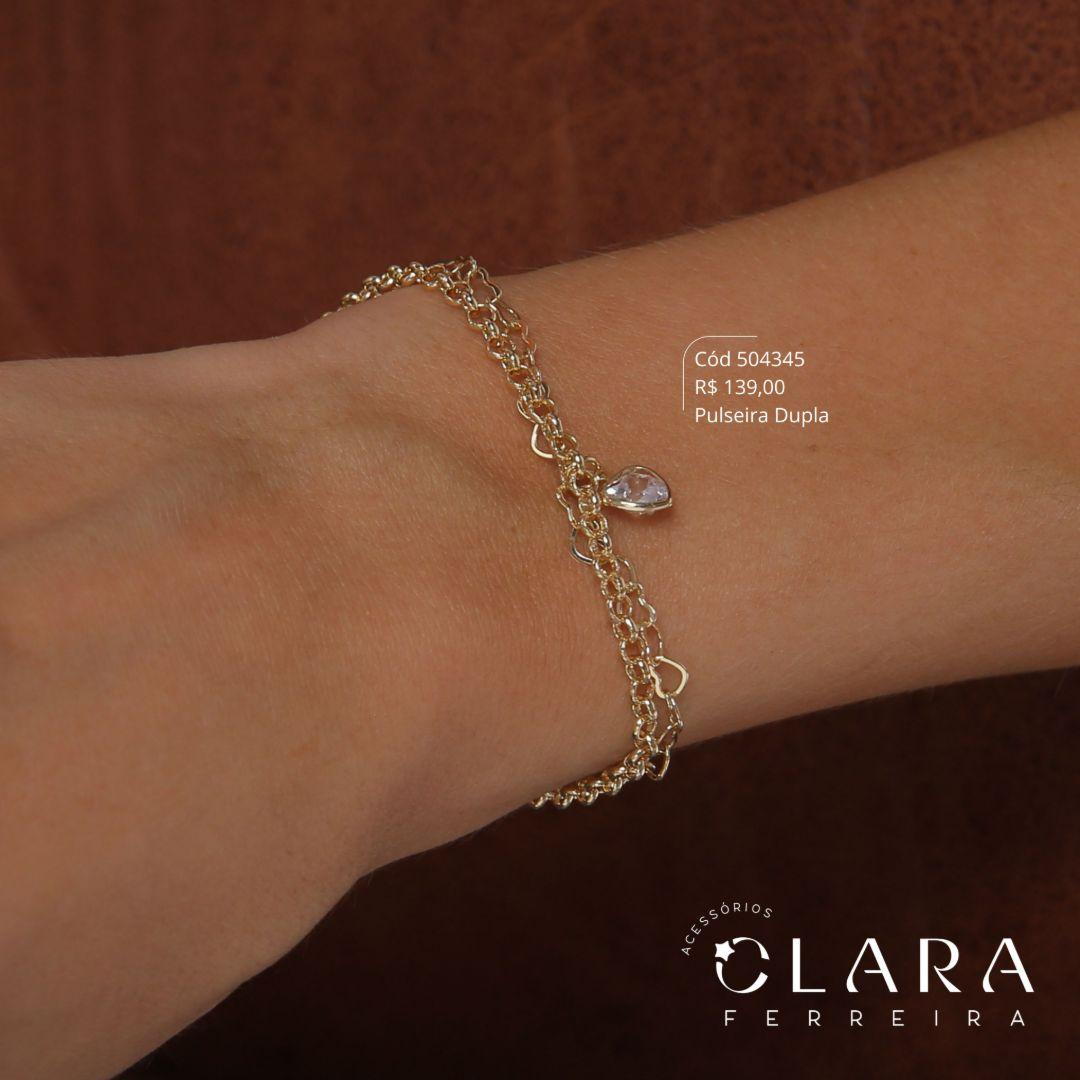 PULSEIRA DUPLA: 1 FIO ELOS CORAÇÕES E 1 FIO ELOS PORTUGUÊS C/ 1 TIFFANY CORAÇÃO PENDURADA - 17CM - Dourado