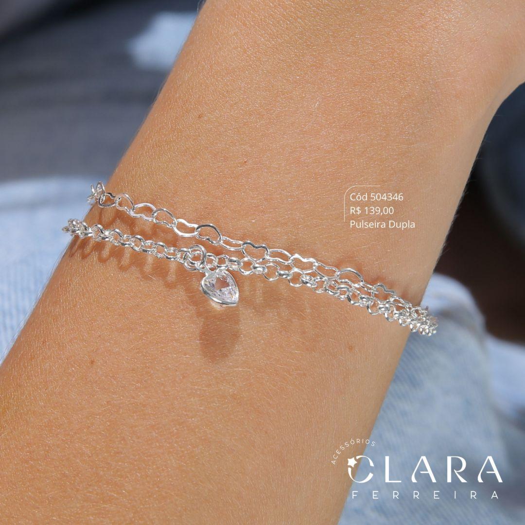PULSEIRA DUPLA: 1 FIO ELOS CORAÇÕES E 1 FIO ELOS PORTUGUÊS C/ 1 TIFFANY CORAÇÃO PENDURADA - 17CM - PEÇA EXCLUSIVA -Banho de Prata