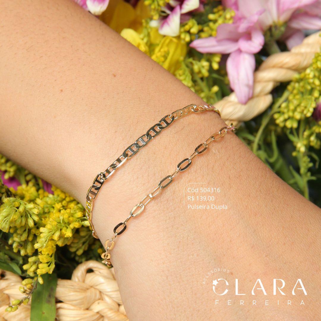 PULSEIRA DUPLA: 1 FIO MALHA PIESTRINE E 1 FIO ELOS CADEADO - 17CM - Dourado