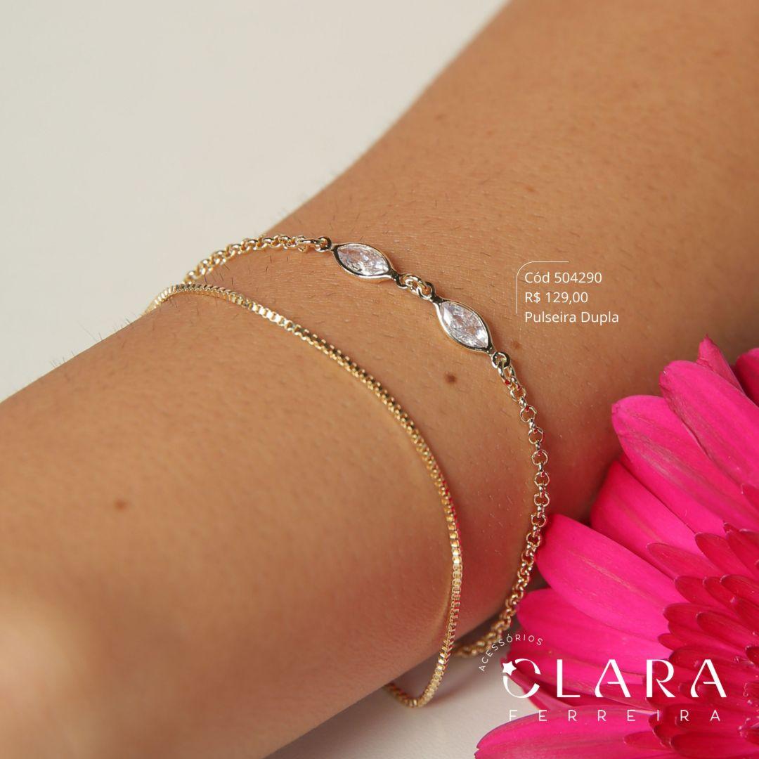 PULSEIRA DUPLA: 1 FIO VENEZIANA E 1 FIO ELOS PORTUGUÊS C/ 2 TIFFANYS NAVETE FIXAS - 17CM - Dourado