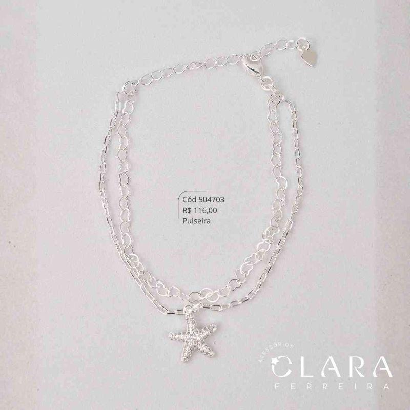 PULSEIRA DUPLA 2 FIOS: 1 FIO ELOS CORAÇÕES ENTRELAÇADOS E 1 FIO ELOS CARTIER C/ ESTRELA DO MAR 14MM PENDURADA - 17CM - Banho de Prata