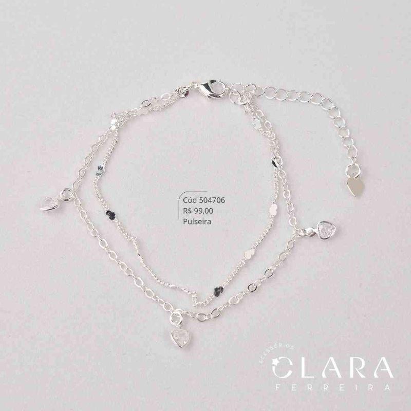 PULSEIRA DUPLA 2 FIOS: 1 FIO GRUMET 3X1 E 1 FIO ELOS C/ 3 ZIRCONIAS CORAÇÕES 5MM PENDURADAS - 17CM - Banho de Prata