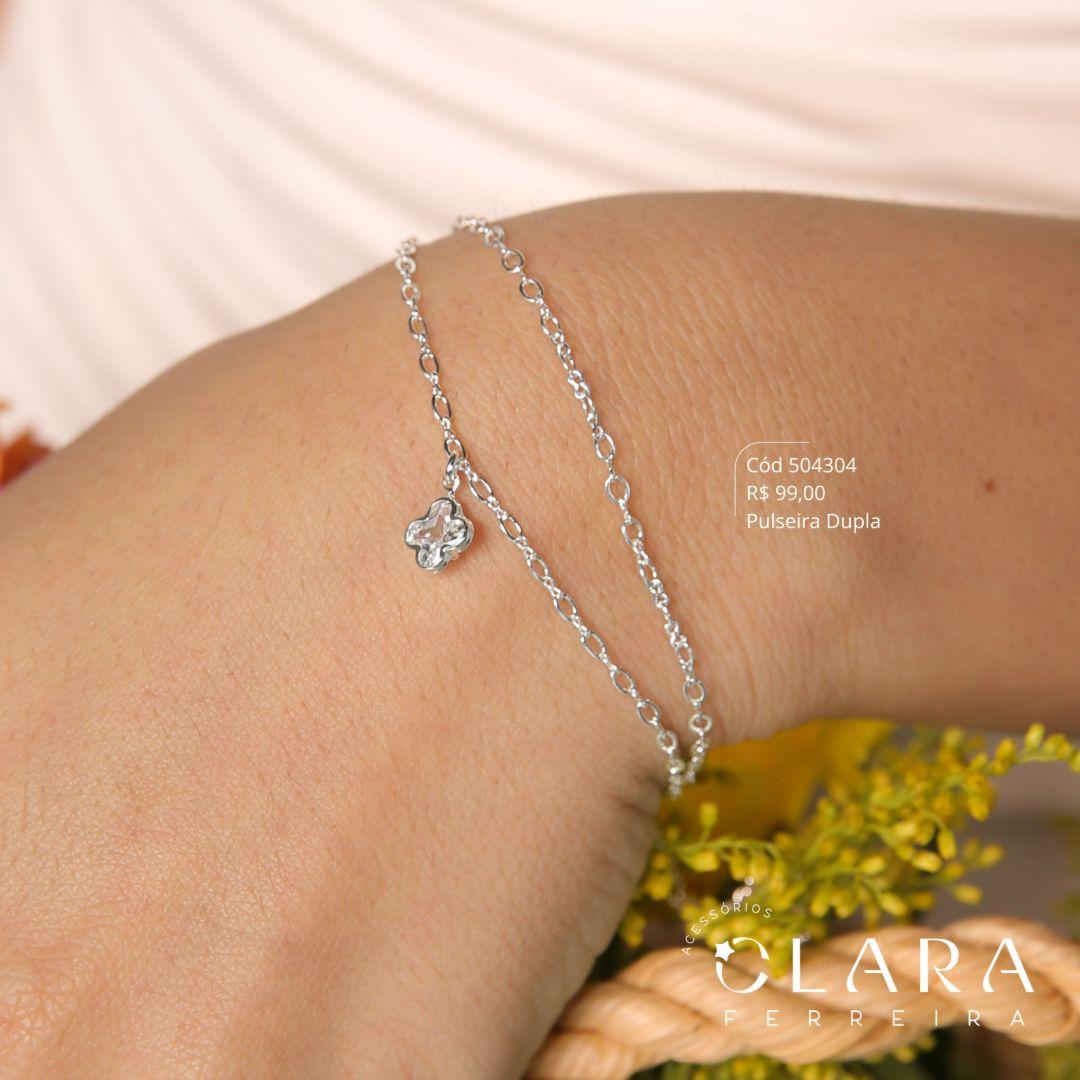 PULSEIRA DUPLA: 2 FIOS ELOS C/ 1 TIFFANY FLOR PENDURADA - 8MM - 17CM - Banho de Prata