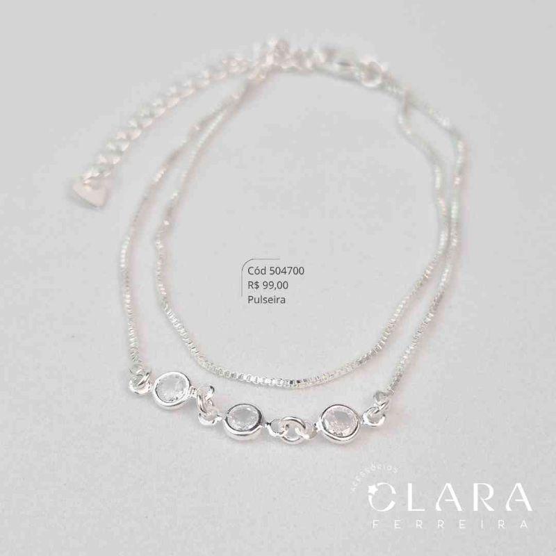 PULSEIRA DUPLA 2 FIOS VENEZIANAS: 1 FIO LISO E 1 FIO C/ 3 ZIRCONIA REDONDA 5MM FIXAS - 17CM - Banho de Prata