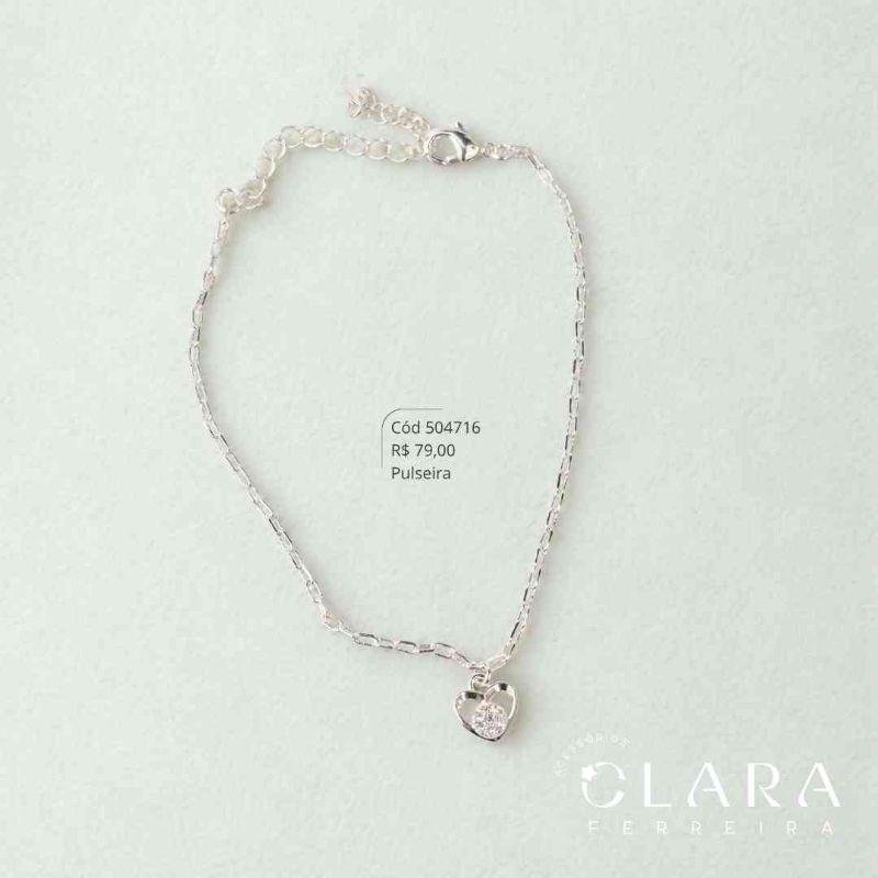PULSEIRA ELO CARTIER COM PINGENTE CORAÇÃO 7MM VAZADO C/ DETALHE CHUVEIRINHO MICROZIRCONIAS PENDURADO - 17CM - Banho de Prata