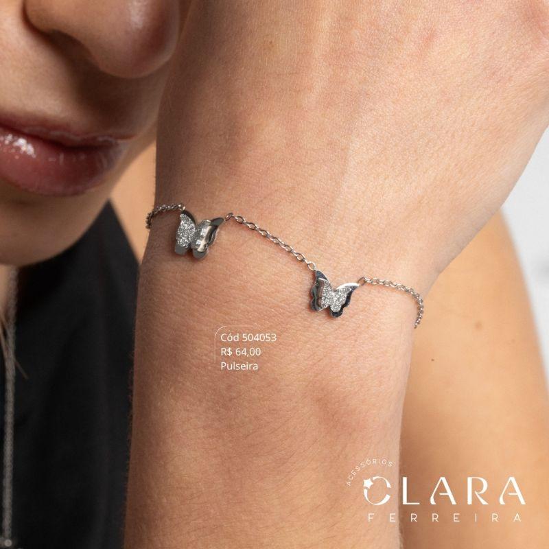 PULSEIRA ELOS C/ 2 BORBOLETAS COM ASAS JATEADAS BRILHANTE - 10MM - 17CM - Aço