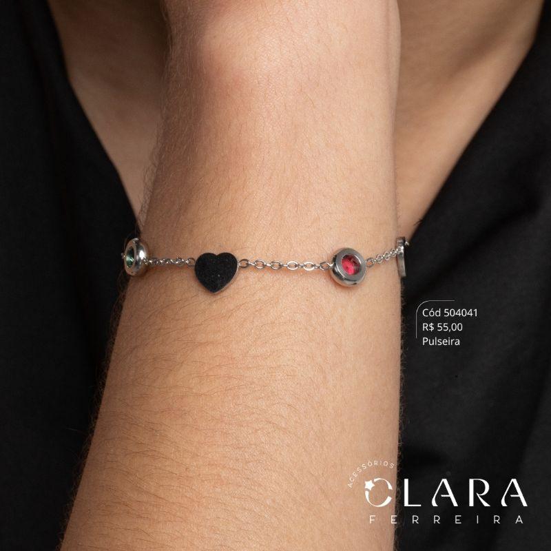 PULSEIRA ELOS C/ 3 CORAÇÕES 7MM LISO E 2 TIFFANYS REDONDAS 7MM COLORIDAS SALADINHA - 17CM - Aço