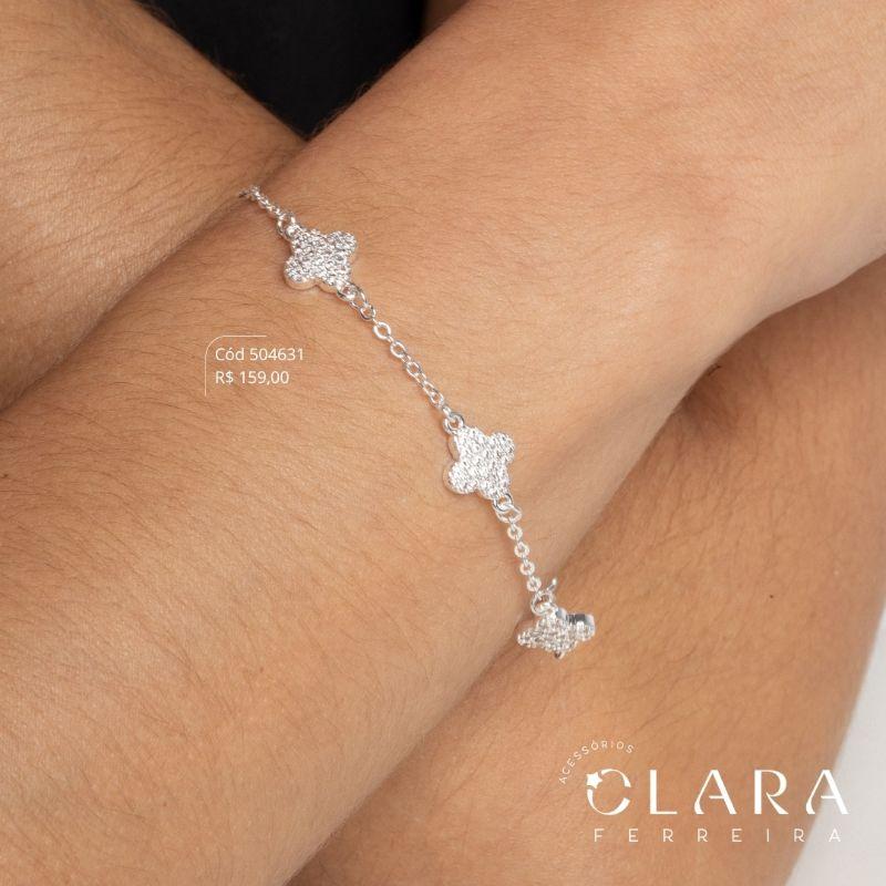 PULSEIRA ELOS C/ 5 TREVOS MICROZIRCÔNIAS FIXOS - 9MM - 17CM - Banho de Prata
