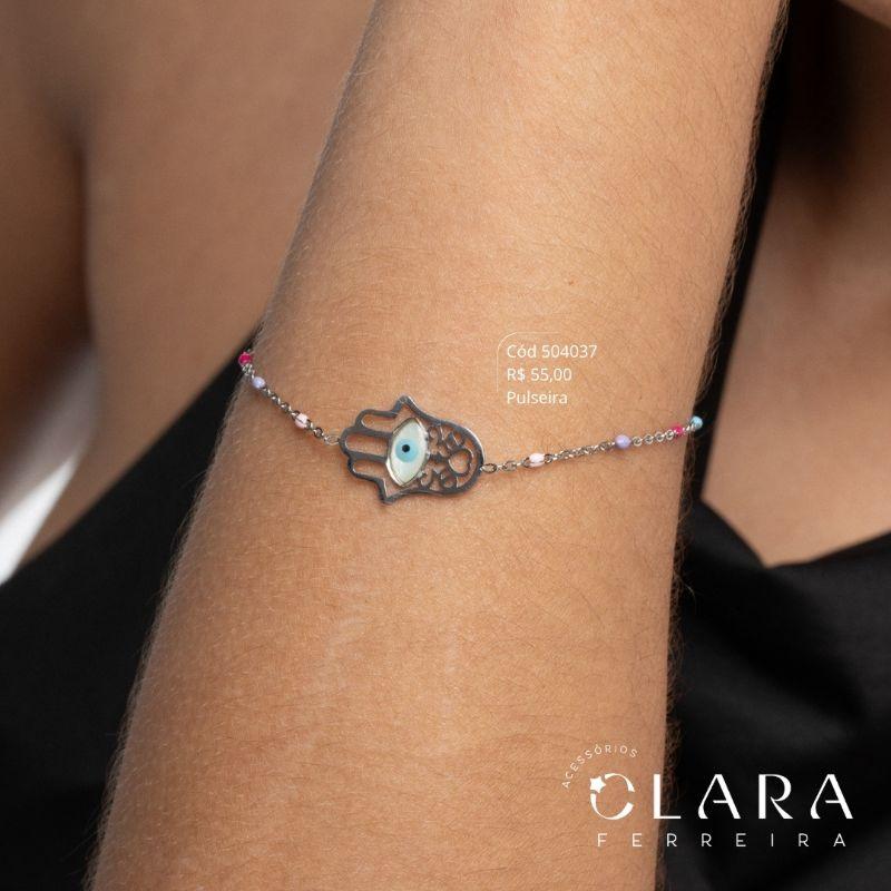 PULSEIRA ELOS C/ BOLINHAS RESINADAS COLORIDAS SALADINHA E MÃO DE FATIMA VAZADA COM OLHO RESSINADO - 19MM - 17CM - Aço
