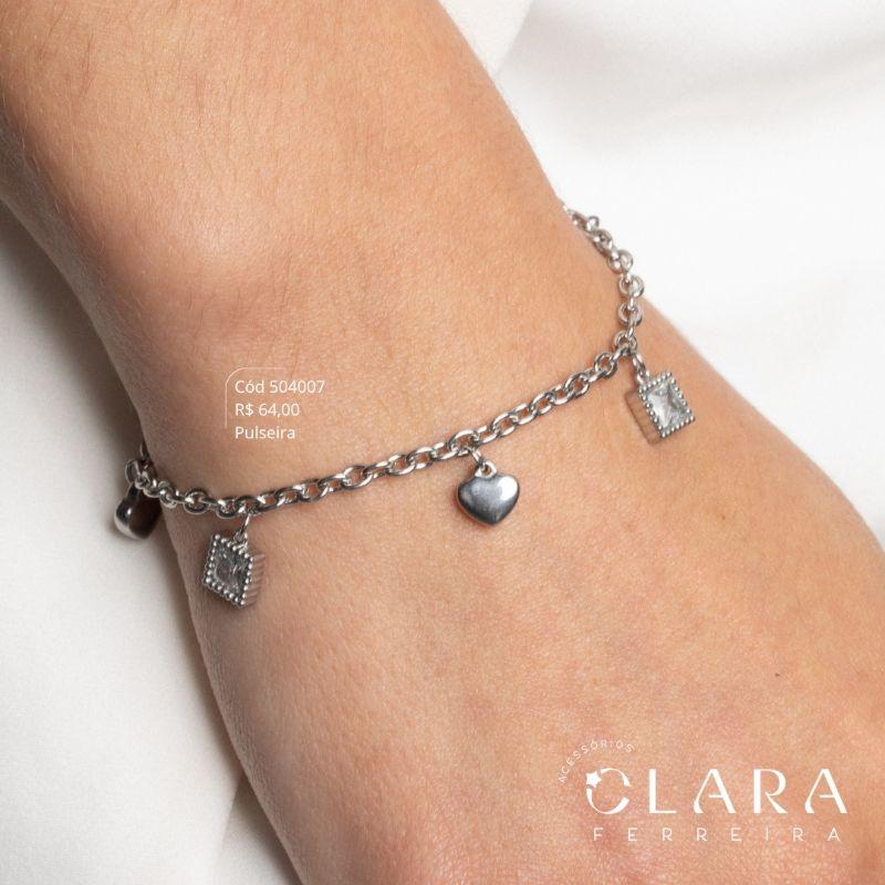 PULSEIRA ELOS CADEADOS C/ 3 CORAÇÕES LISOS 6MM E 2 ZIRCÔNIAS QUADRADAS 6MM CAIXA FUNDIDA PENDURADOS - 17CM - Aço