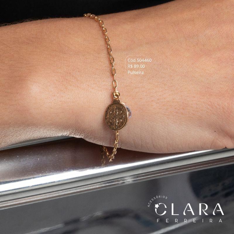 PULSEIRA ELOS CARTIER C/ MEDALHA REDONDA SÃO BENTO 11MM E ZIRCÔNIA REDONDA 6MM PENDURADAS - 17CM - Dourado