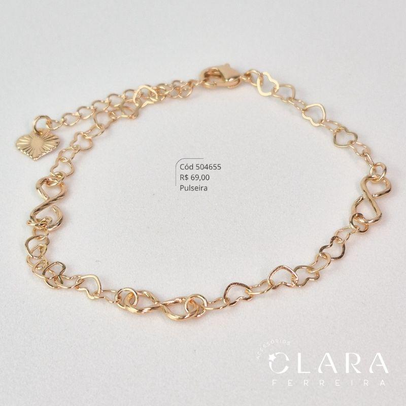 PULSEIRA ELOS CORAÇÕES ENTRELAÇADOS C/ 3 PINGENTES INFINITO 5MM FIXOS - 17CM - Dourado