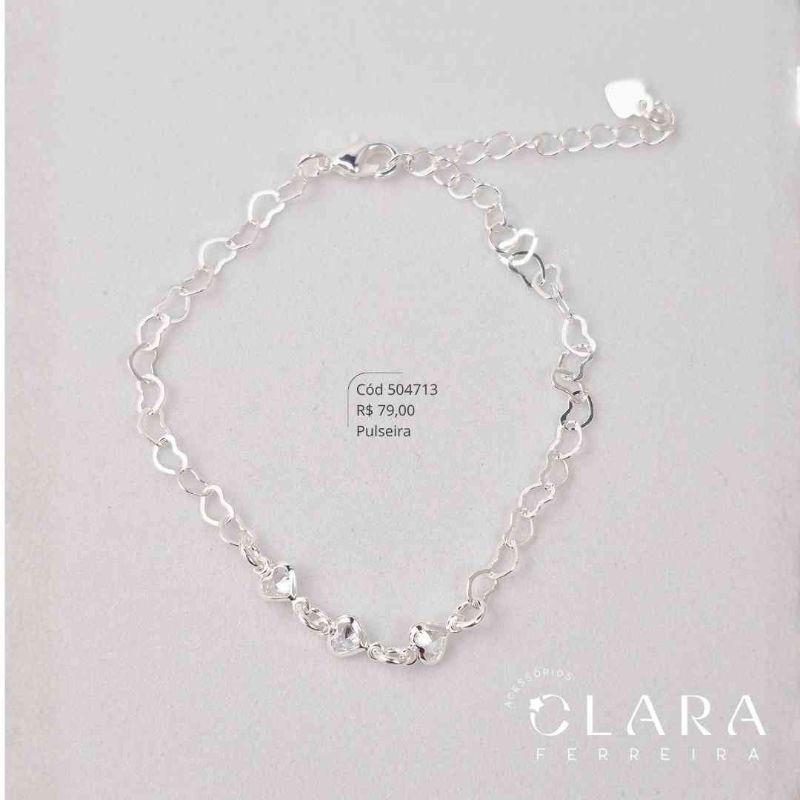 PULSEIRA ELOS CORAÇÕES ENTRELAÇADOS C/ 3 ZIRCONIAS CORAÇÕES 5MM FIXAS - 17CM - Banho de Prata
