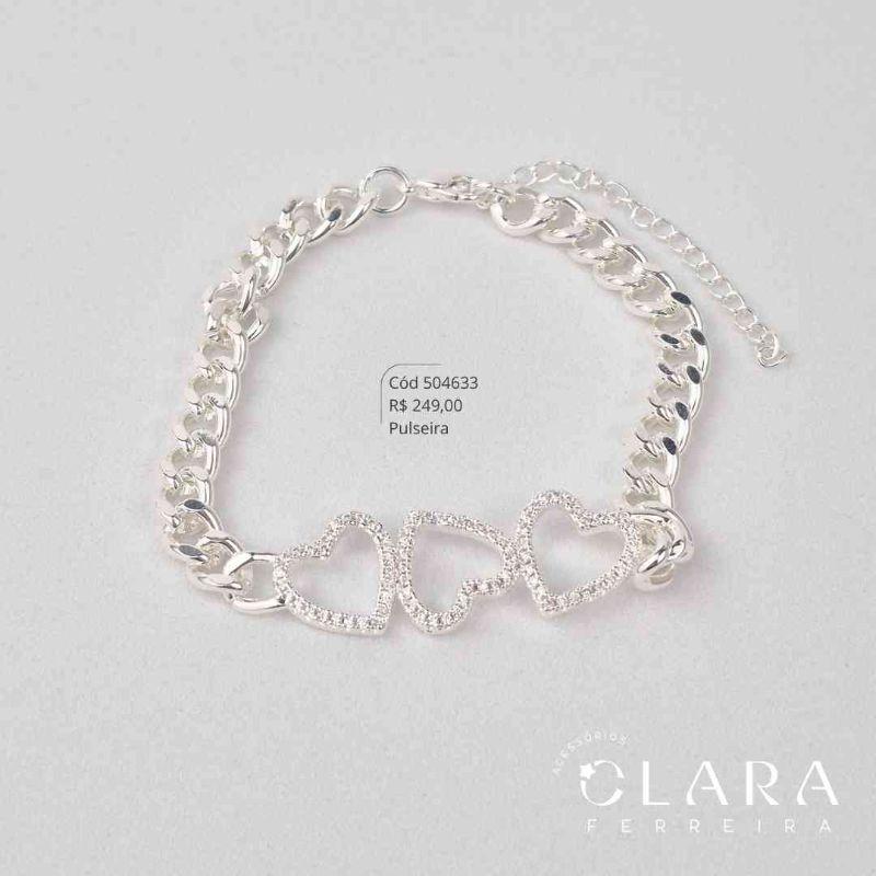 PULSEIRA ELOS GRUMET 1X1 C/ 3 CORAÇÕES MICROZIRCÔNIAS VAZADOS FIXOS - 12MM - 17CM - Banho de Prata
