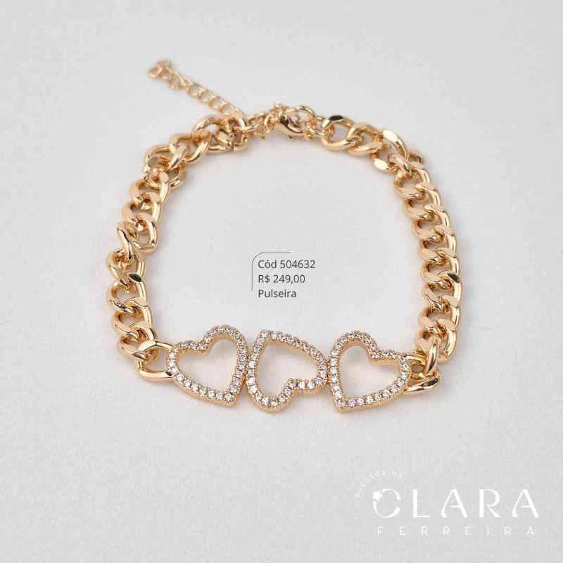 PULSEIRA ELOS GRUMET 1X1 C/ 3 CORAÇÕES MICROZIRCÔNIAS VAZADOS FIXOS - 12MM - 17CM - Dourado