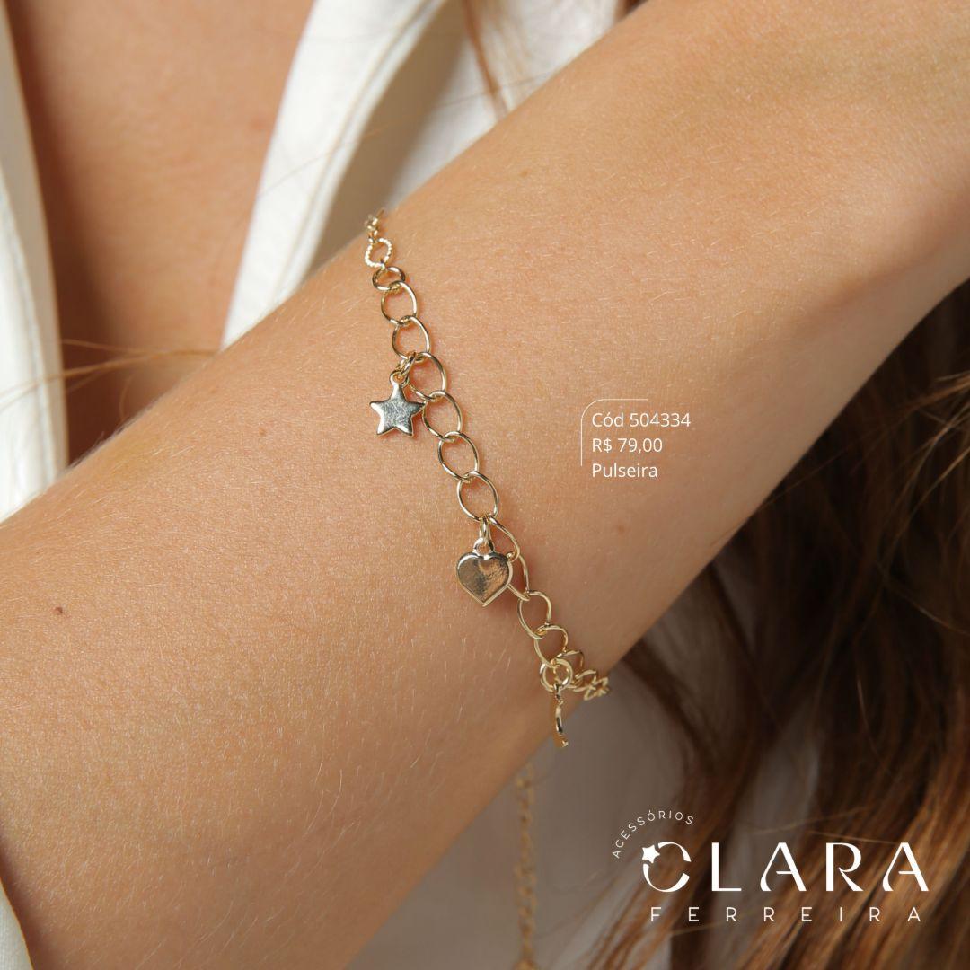 PULSEIRA ELOS JATEADOS C/ 1 ESTRELA 6MM, 1 CORAÇÃO 6MM E 1 LUA 6MM PENDURADOS - 17CM - Dourado