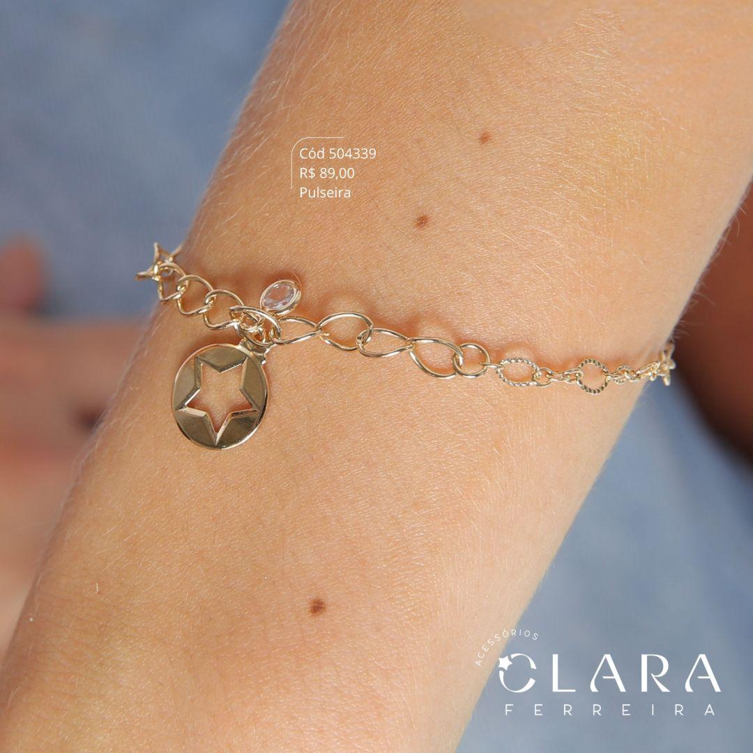 PULSEIRA ELOS JATEADOS C/ 1 MEDALHA VAZADA ESTRELA 11MM E 1 TIFFANY REDONDA PENDURADAS - 17CM - Dourado