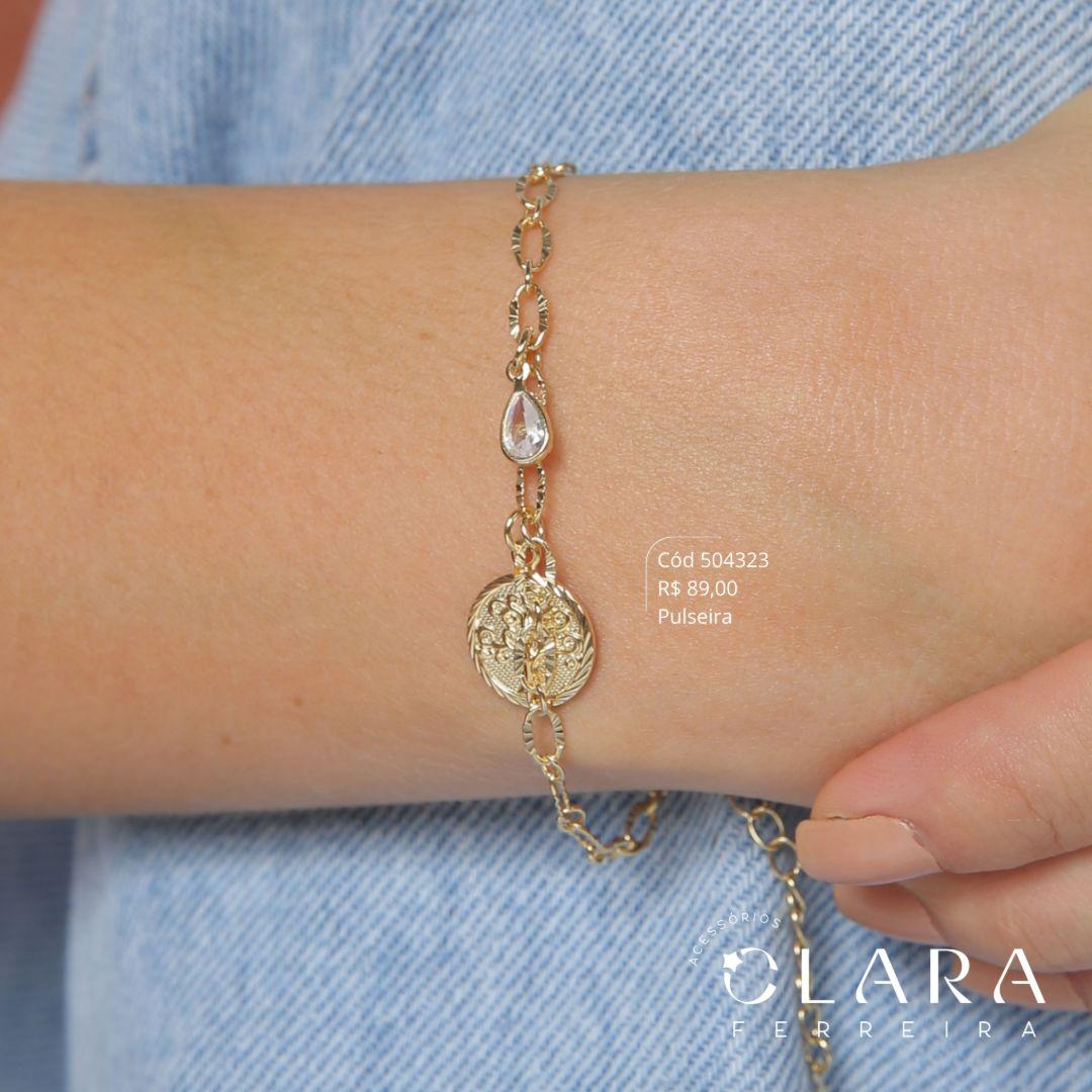 PULSEIRA ELOS JATEADOS C/ MEDALHA REDONDA ÁRVORE DA VIDA 13MM E 1 TIFFANY GOTA 6MM PENDURADAS - 17CM - Dourado