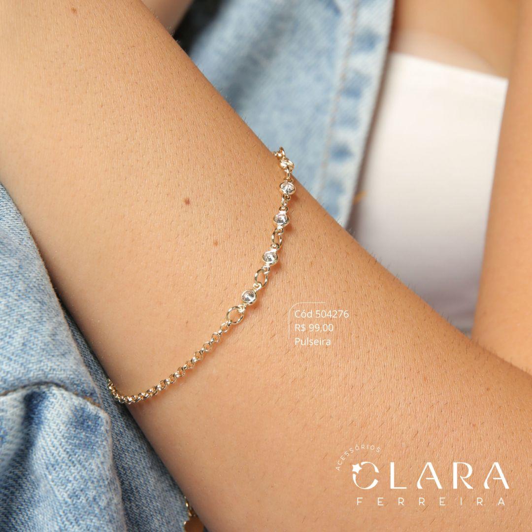 PULSEIRA ELOS PORTUGUES C/ 5 TIFFANYS REDONDAS FIXAS - 3MM - 21CM - Dourado