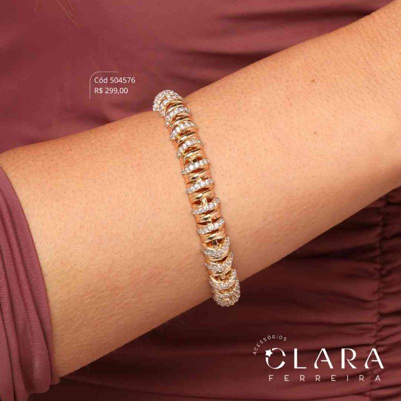 PULSEIRA ESTILO RELÓGIO FIO TRANÇADO MICROZIRCÔNIAS C/ GAVETA FECHO ITALIANO - 17CM - Dourado