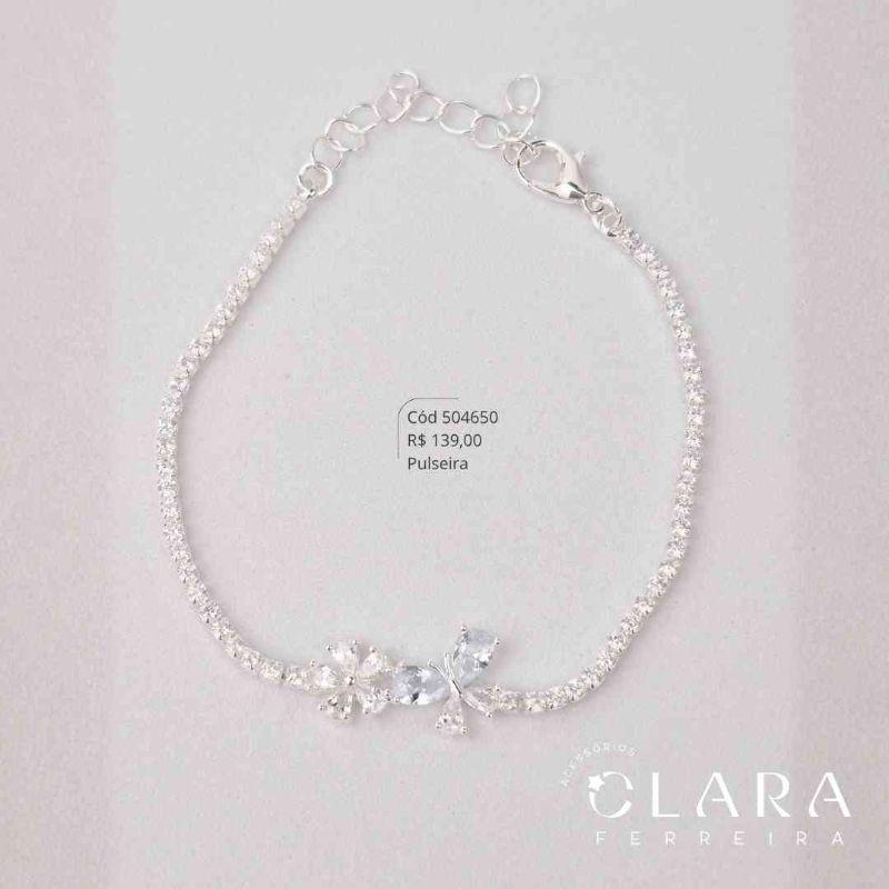 PULSEIRA FIO RIVIERA 2MM C/ 1 FLOR PÉTALAS ZIRCÔNIAS GOTAS E 1 BORBOLETA ASAS ZIRCÔNIAS GOTAS FIXAS - 17CM - Banho de Prata