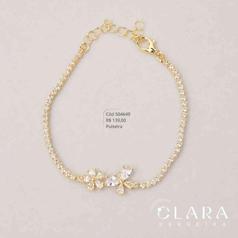 PULSEIRA FIO RIVIERA 2MM C/ 1 FLOR PÉTALAS ZIRCÔNIAS GOTAS E 1 BORBOLETA ASAS ZIRCÔNIAS GOTAS FIXAS - 17CM - Dourado