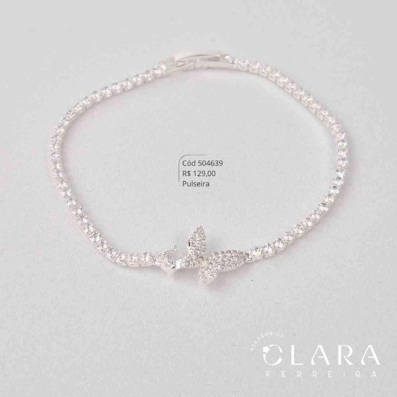 PULSEIRA FIO RIVIERA ZIRCÔNIA REDONDA 2MM C/ PINGENTE BORBOLETA MICROZIRCÔNIAS FIXA FECHO GAVETA ITALIANO - 12MM - 17CM - Banho de Prata