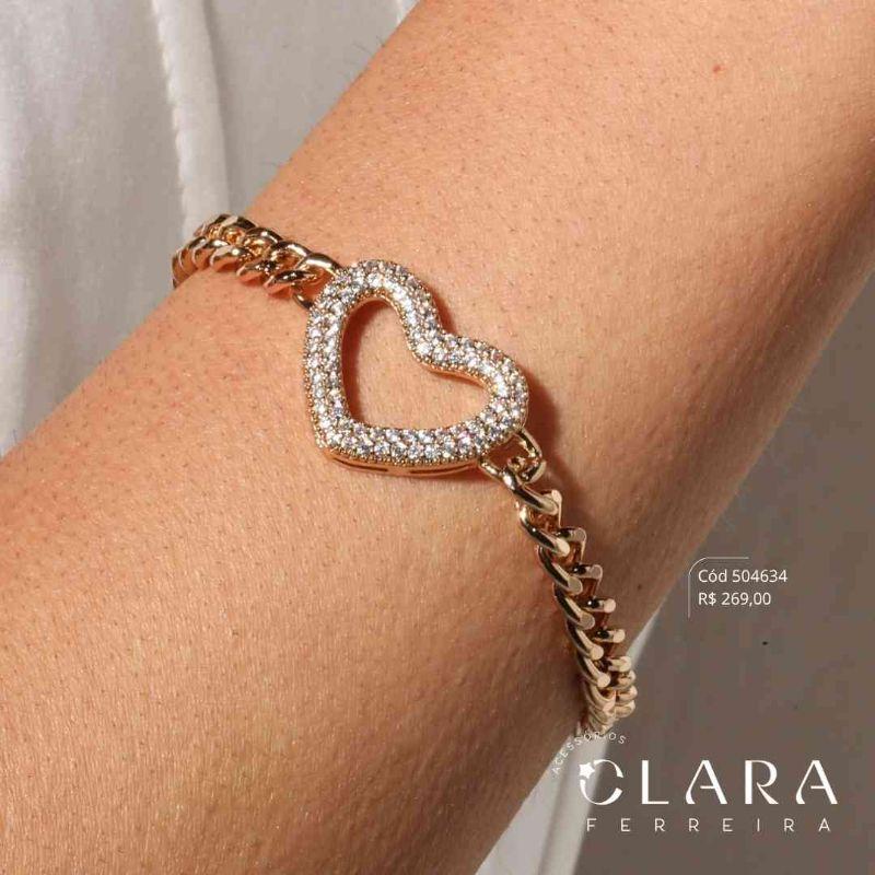 PULSEIRA GRUMET 1X1 C/ PINGENTE CORAÇÃO 2 FILEIRAS MICROZIRCÔNIAS VAZADO FIXO - 24MM - 17CM - Dourado