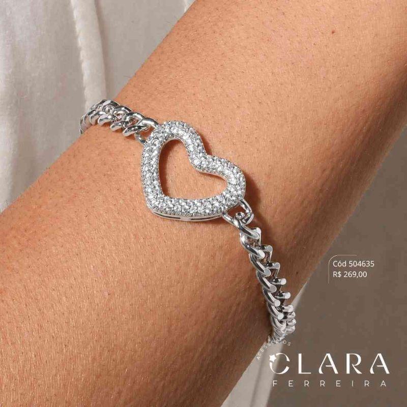 PULSEIRA GRUMET 1X1 C/ PINGENTE CORAÇÃO 2 FILEIRAS MICROZIRCÔNIAS VAZADO FIXO - 24MM - 17CM - PEÇA EXCLUSIVA Banho de Prata