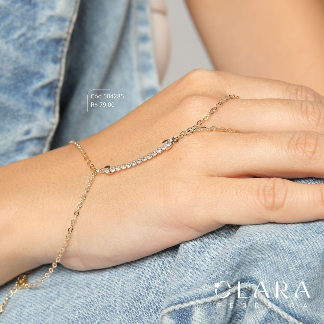 PULSEIRA HAND CHAIN ELOS C/ DETALHE RIVIERA  - PEÇA VENDIDA - Dourado