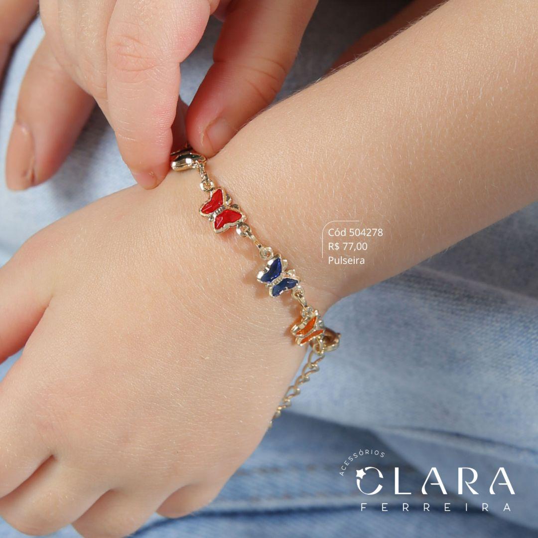 PULSEIRA INFANTIL C/ 7 TIFFANYS BORBOLETAS COLORIDAS SALADINHA  FIXAS - 6MM - 14CM - Dourado