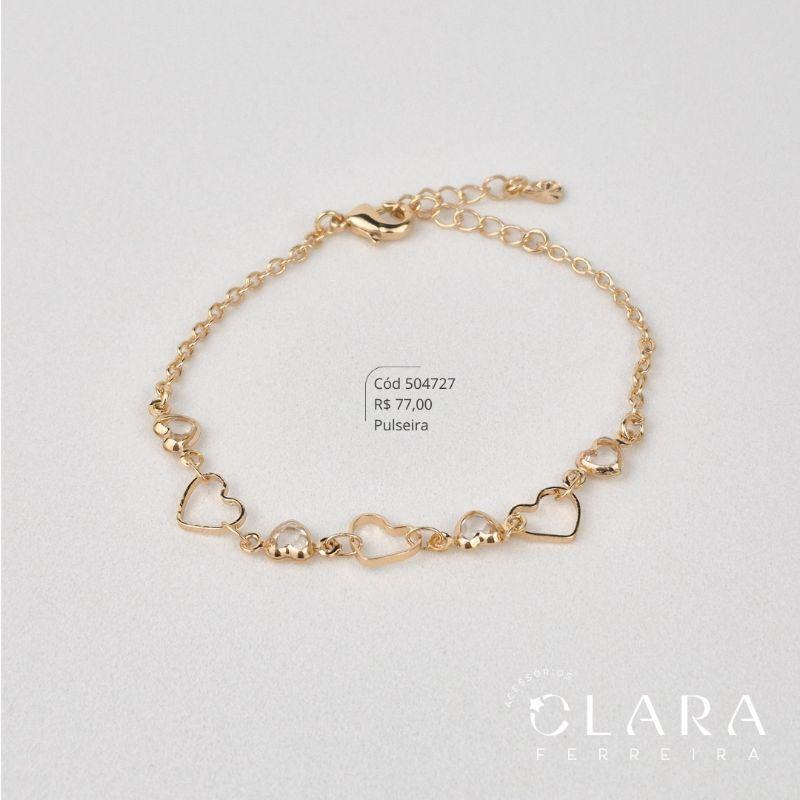 PULSEIRA INFANTIL ELOS PORTUGUÊS C/ 4 ZIRCÔNIAS CORAÇÃO 5MM E 3 CORAÇÕES 6MM VAZADOS FIXOS - CLARINHA KIDS - 14CM - Dourado