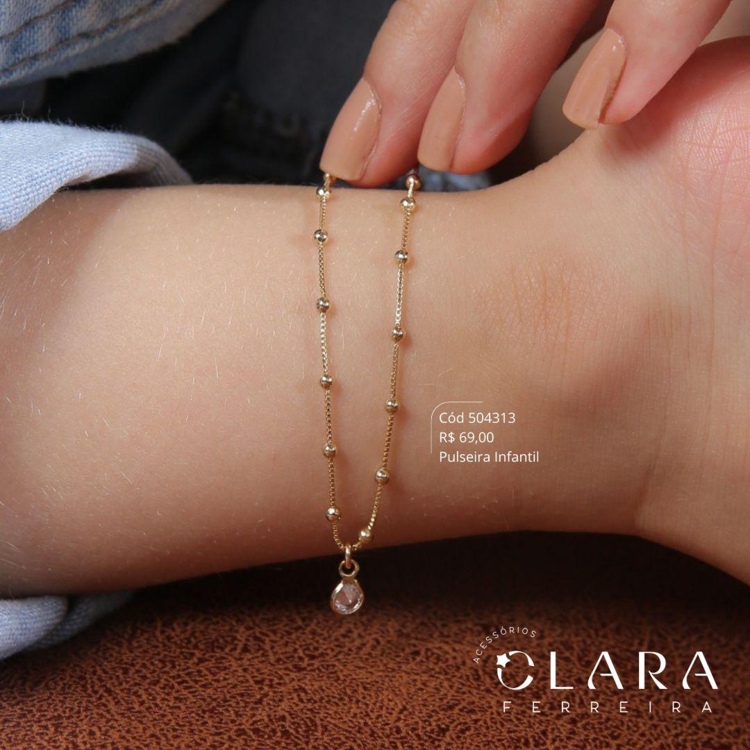 PULSEIRA INFANTIL FIO VENEZIANA C/ BOLINHAS C/ TIFFANY PENDURADA 5MM  CLARINHA KIDS - 14CM - Dourado - PEÇA EXCLUSIVA