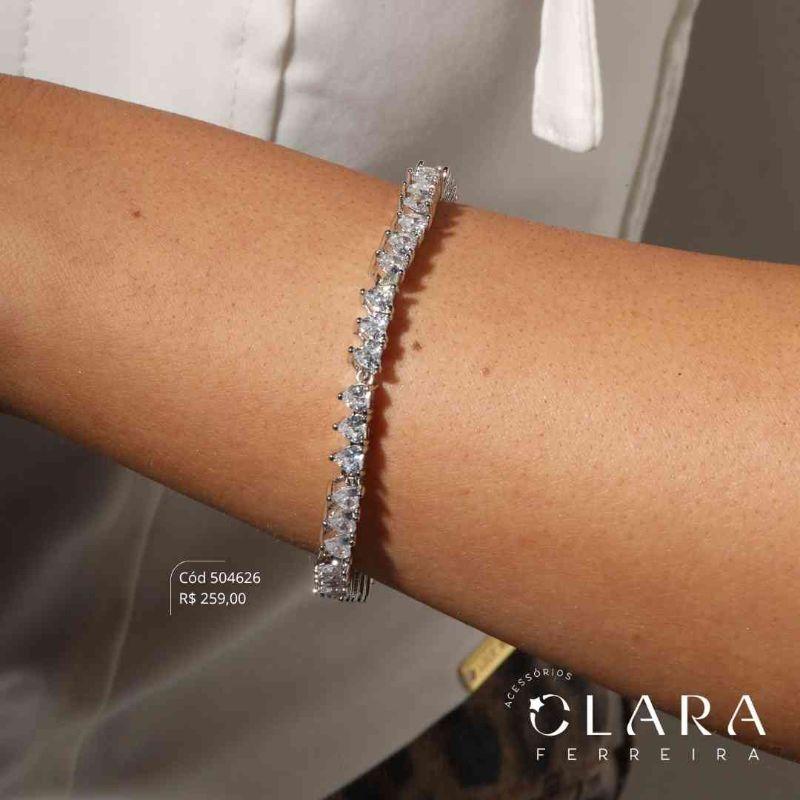 PULSEIRA RIVIERA 3 PONTAS ZIRCÔNIA CORAÇÃO 3MM C/ GAVETA FECHO ITALIANO - PEÇA EXCLUSIVA - 5MM - 19CM - Ródio Branco
