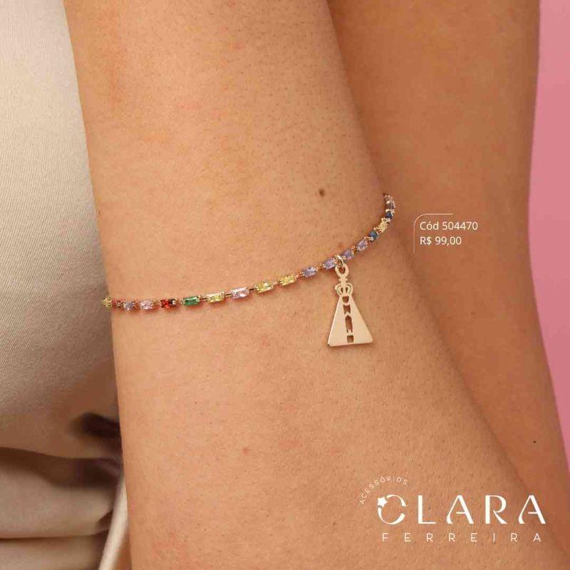PULSEIRA RIVIERA DE ZIRCONIAS BAGUETE COLORIDA C/ PINGENTE NOSSA SENHORA 15MM LISA VAZADA PENDURADA - 17CM - Dourado