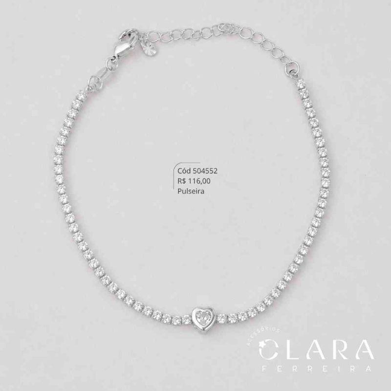 PULSEIRA RIVIERA ZIRCÔNIA C/ PINGENTE ZIRCÔNIA CORAÇÃO 6MM CAIXA INGLESA FIXA - 2MM - 17CM - Banho de Prata