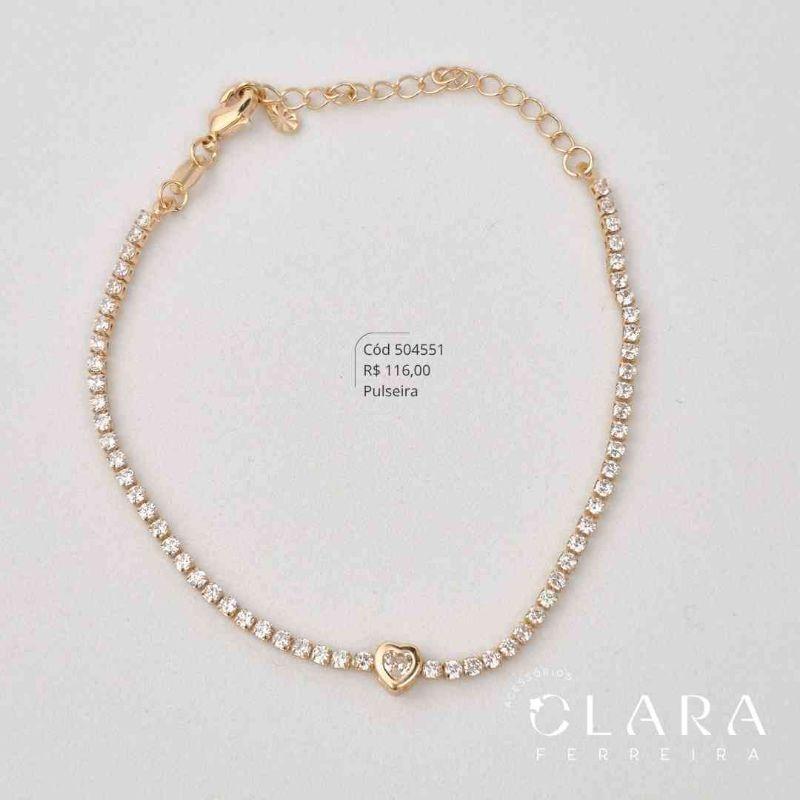 PULSEIRA RIVIERA ZIRCÔNIA C/ PINGENTE ZIRCÔNIA CORAÇÃO 6MM CAIXA INGLESA FIXA - 2MM - 17CM - Dourado