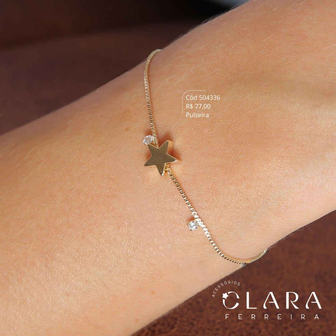 PULSEIRA VENEZIANA C/ 1 ESTRELA LISA 7MM E 2 ZIRCÔNIAS 2MM REDONDAS CAIXA FUNDIDA FIXAS - 17CM - Dourado