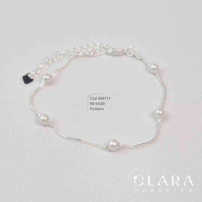 PULSEIRA VENEZIANA C/ 5 PEROLAS 4MM FIXAS - 17CM - Banho de Prata