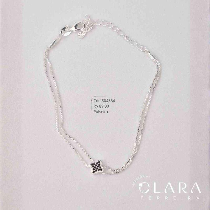 PULSEIRA VENEZIANA DUPLA C/ PINGENTE TREVO MICROZIRCÔNIAS PRETAS FIXA - 8MM - 17CM - Banho de Prata
