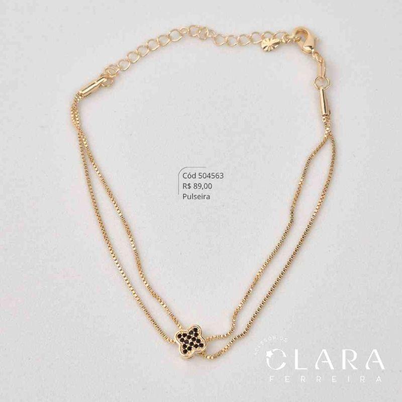 PULSEIRA VENEZIANA DUPLA C/ PINGENTE TREVO MICROZIRCÔNIAS PRETAS FIXA - 8MM - 17CM - Dourado