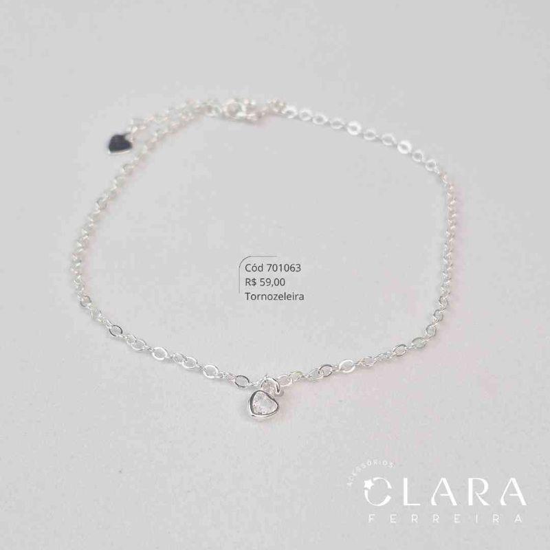 TORNOZELEIRA ELOS C/ 1 ZIRCONIA CORAÇÃO 5MM PENDURADA - 22CM - Banho de Prata