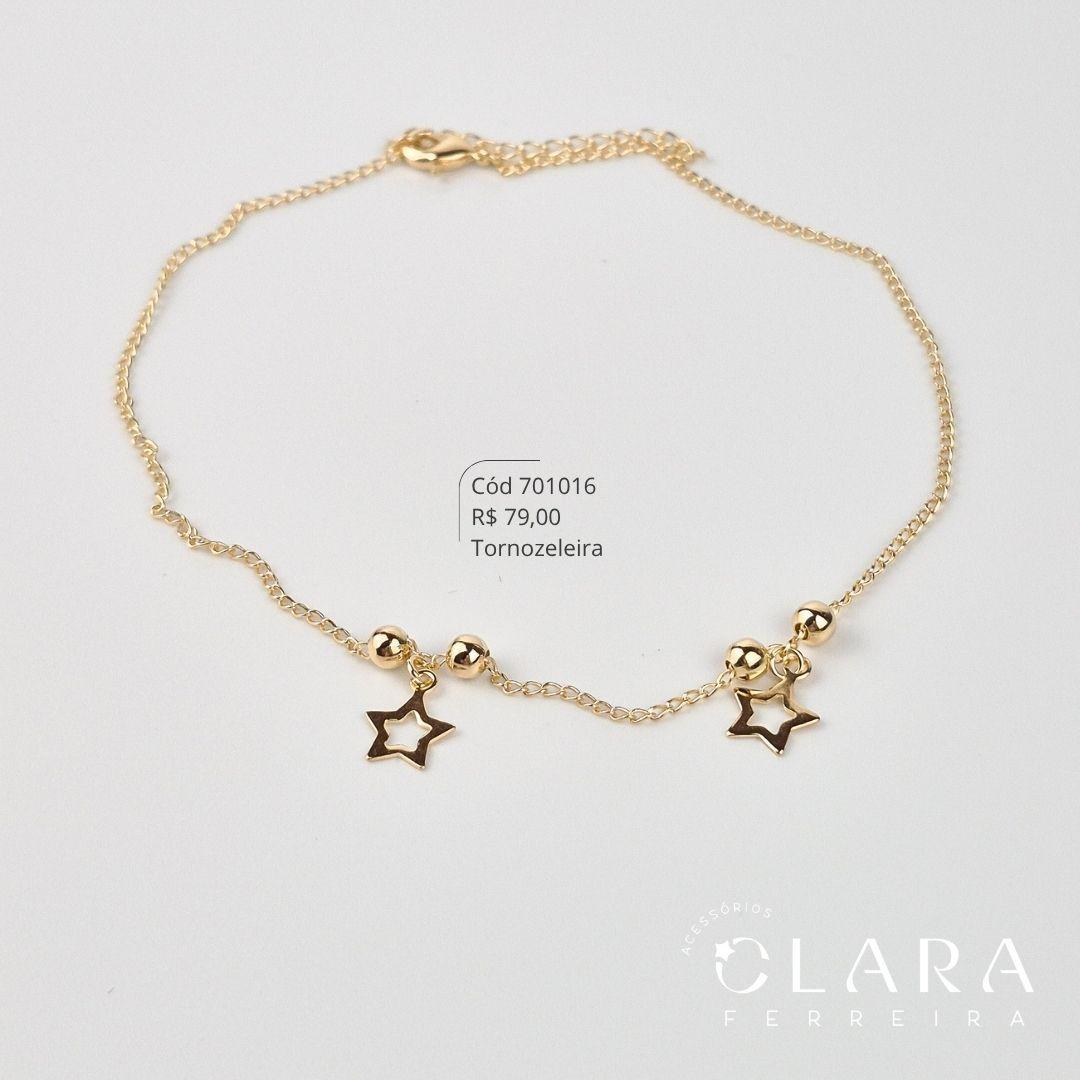 TORNOZELEIRA ELOS C/ 2 ESTRELAS 11MM VAZADAS PENDURADAS E 4 BOLAS LISAS FIXAS  - 23CM - Dourado