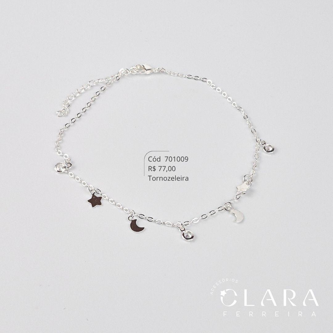 TORNOZELEIRA ELOS C/ 3 TIFFANYS, 3 ESTRELAS E 2 LUAS INTERCALADAS PENDURADAS - 23CM - Banho de Prata