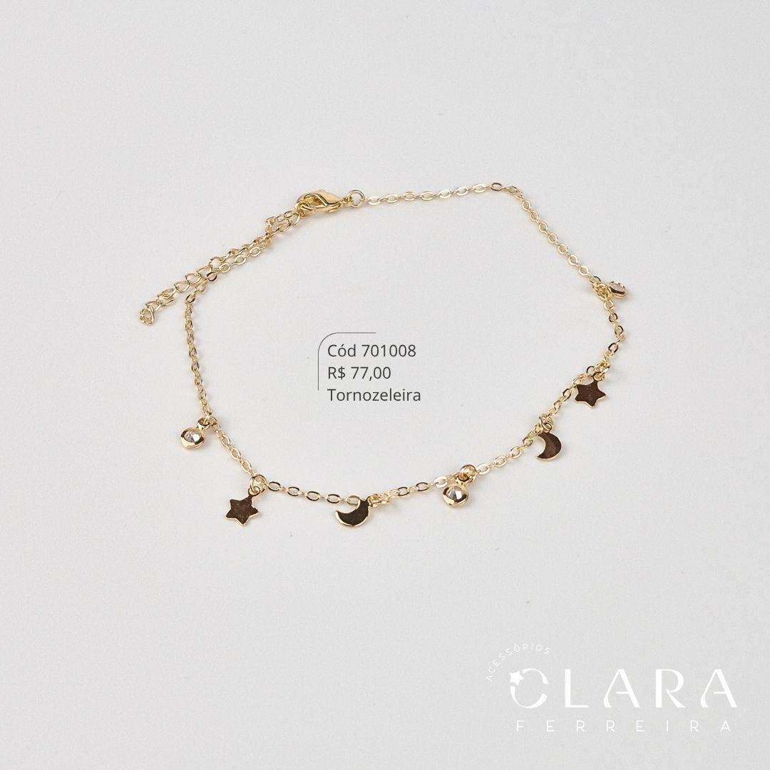 TORNOZELEIRA ELOS C/ 3 TIFFANYS, 3 ESTRELAS E 2 LUAS INTERCALADAS PENDURADAS - 23CM - Dourado