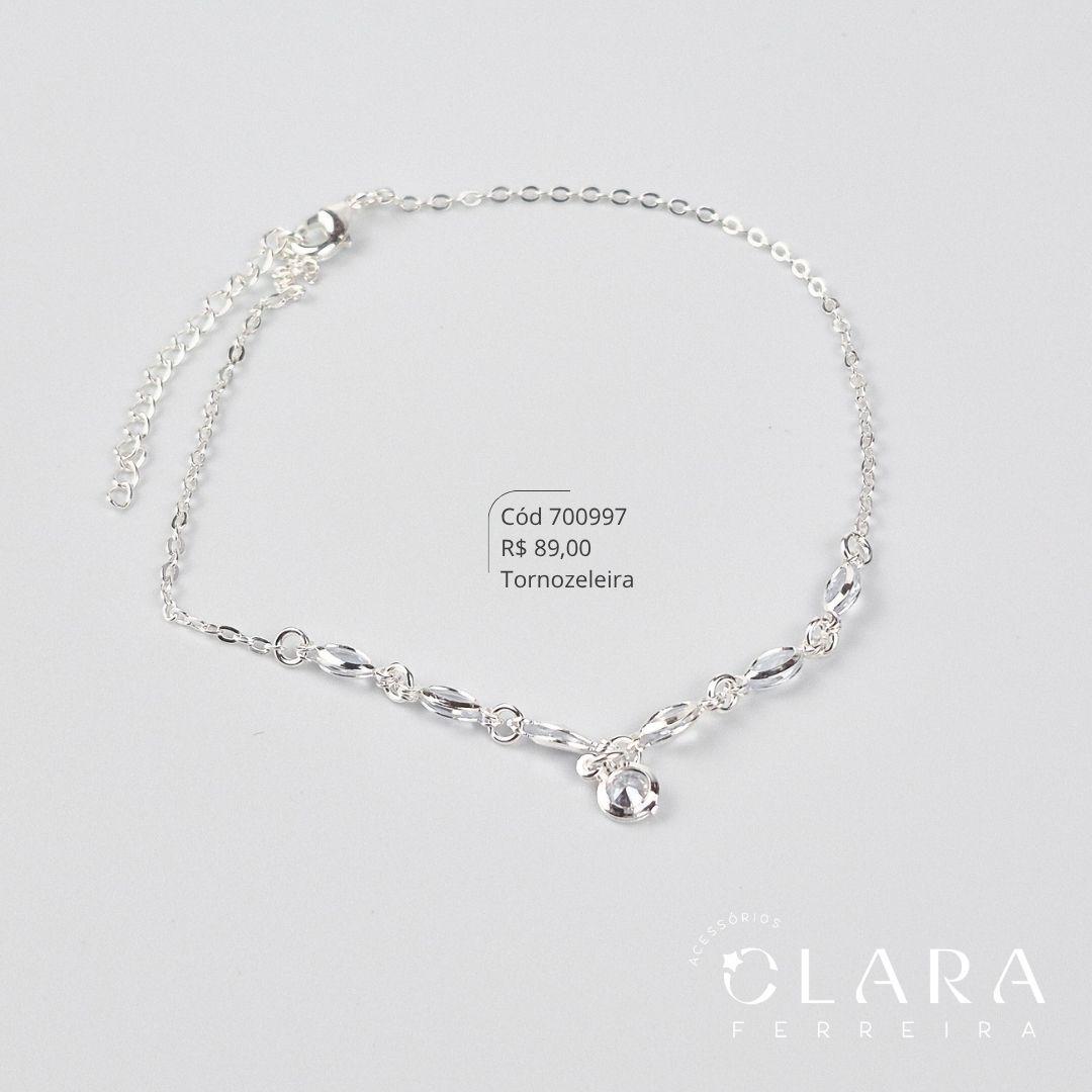 TORNOZELEIRA ELOS C/ 6 TIFFANYS NAVETES FIXAS E 1 TIFFANY REDONDA PENDURADA - 23CM - Banho de Prata