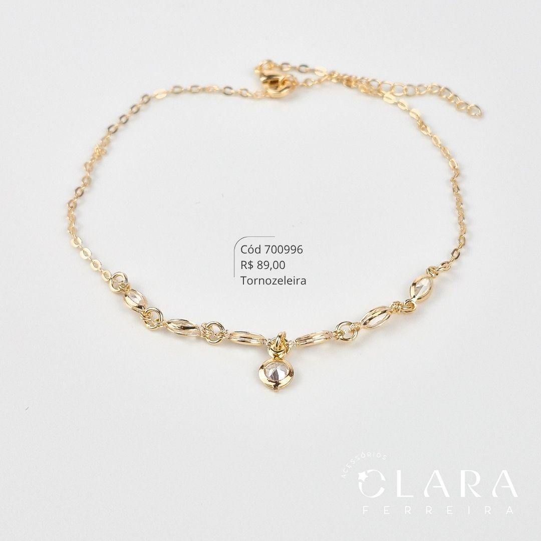 TORNOZELEIRA ELOS C/ 6 TIFFANYS NAVETES FIXAS E 1 TIFFANY REDONDA PENDURADA - 23CM - Dourado