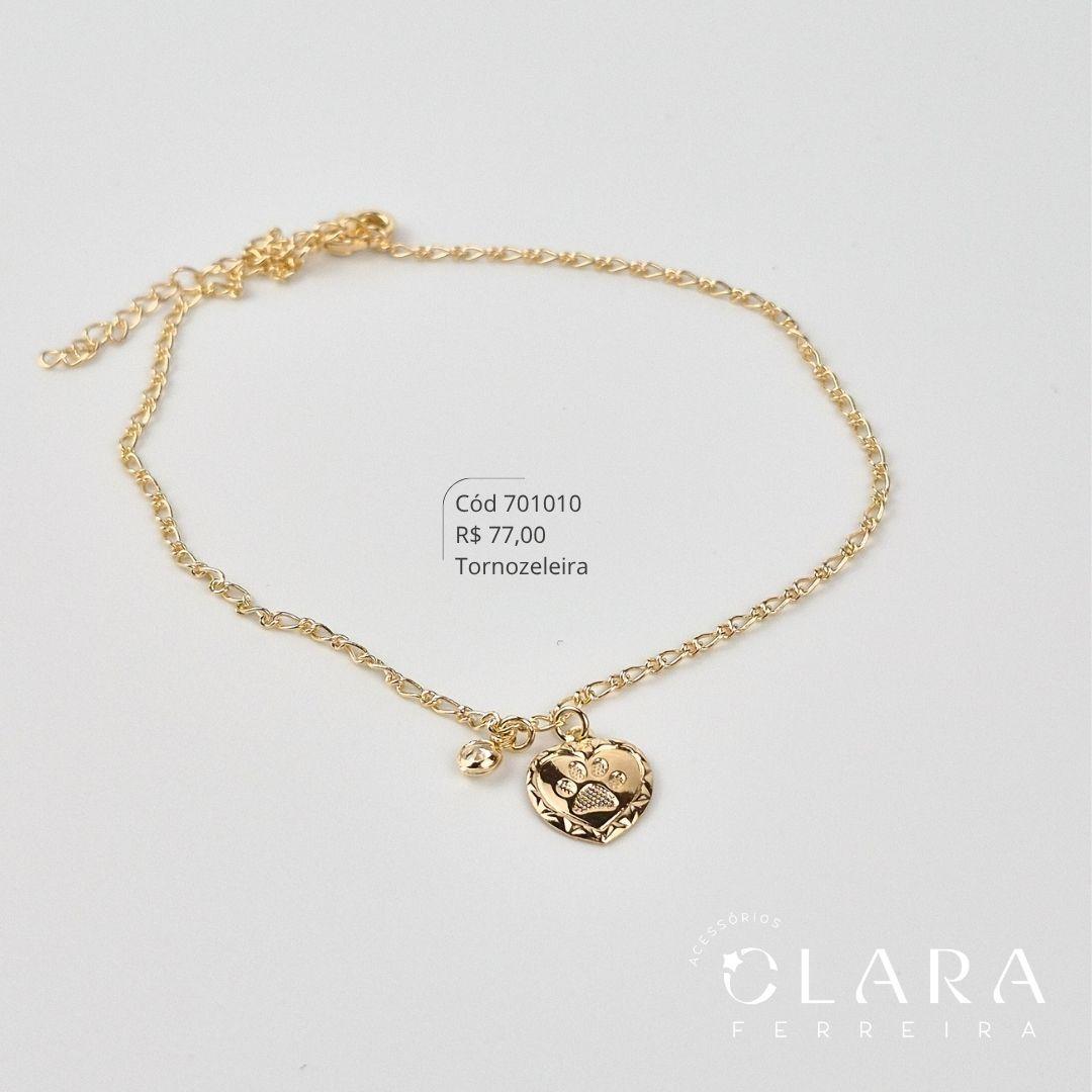 TORNOZELEIRA GRUMET 1X1 C/ PINGENTE CORAÇÃO C/ PATINHA DE CACHORRO 11MM E 1 TIFFANY PENDURADOS - 23CM - Dourado