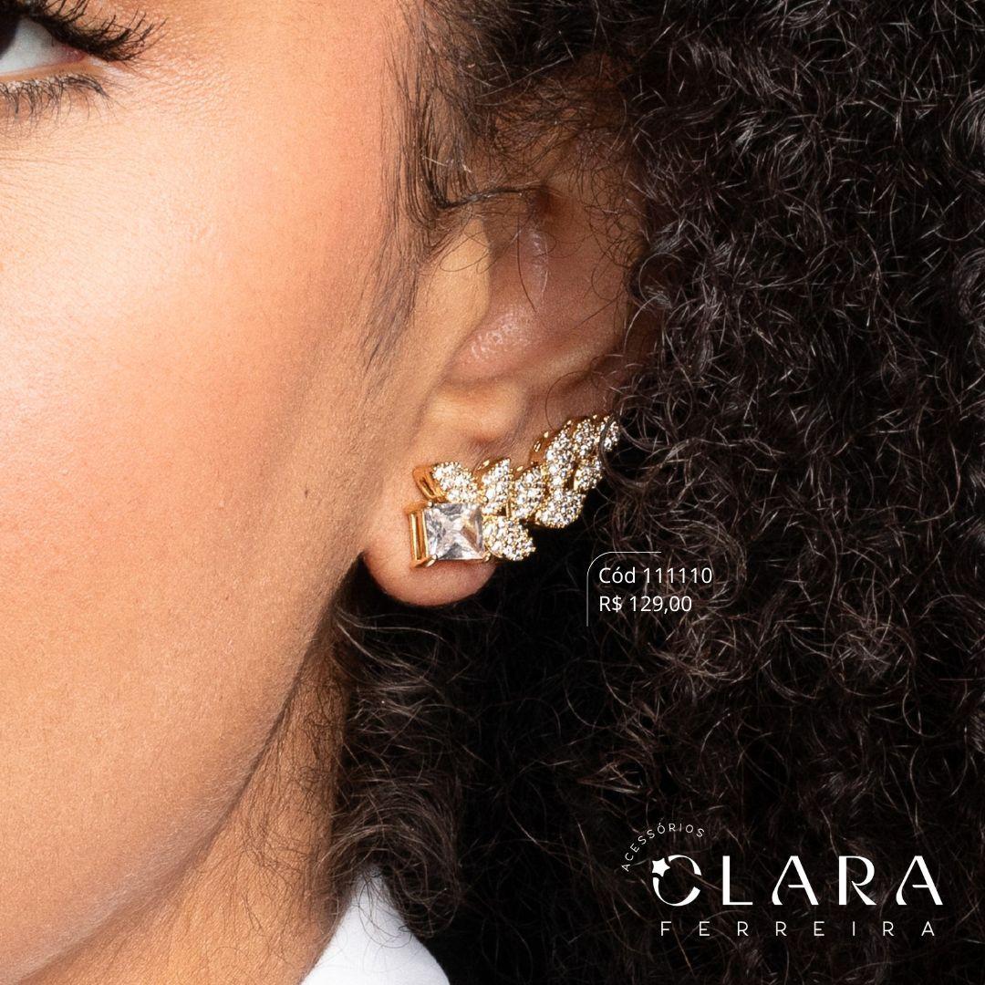 BRINCO EAR CUFF FOLHAS MICROZIRCÔNIAS C/ ZIRCÔNIA RETANGULAR NA BASE - Dourado
