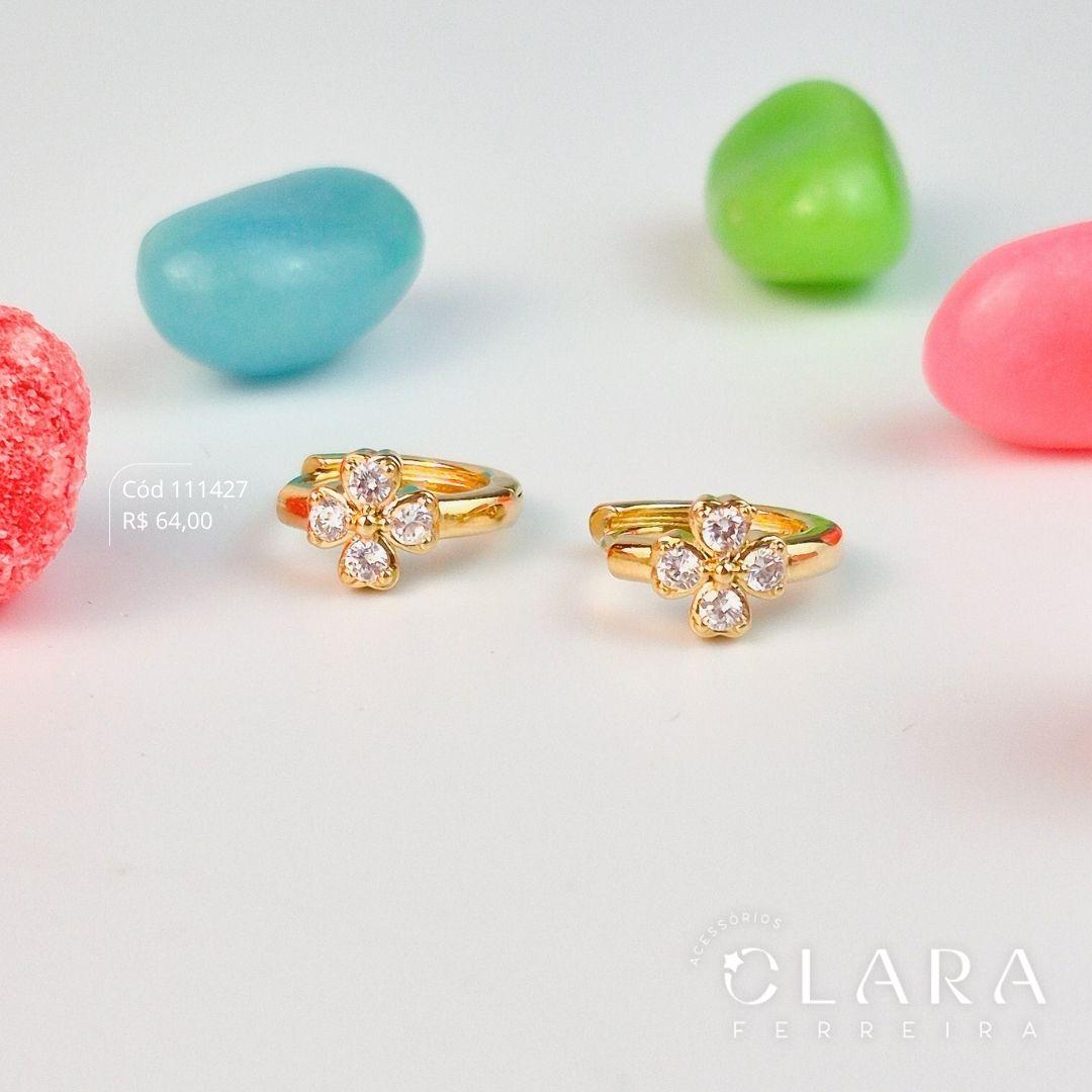 BRINCO INFANTIL ARGOLINHA CLICK LISA C/ PINGENTE FLOR 6MM PÉTALAS MICROZIRCÔNIAS FIXA - CLARINHA KIDS - 12X2MM - Dourado
